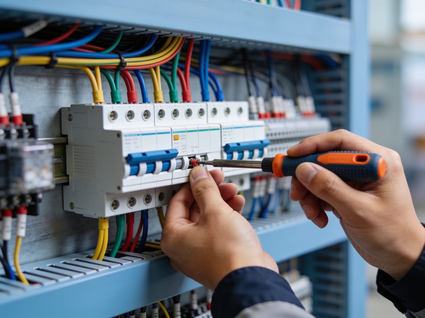 Elektriker verdrahtet einen modernen Sicherungskasten mit Reihenklemmen