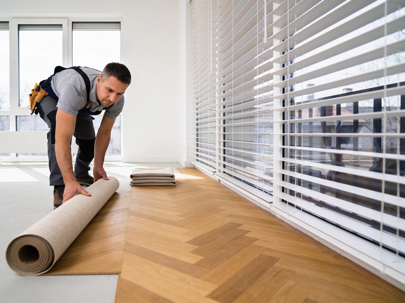 Handwerker verlegt neuen Bodenbelag in einer hellen Wohnung